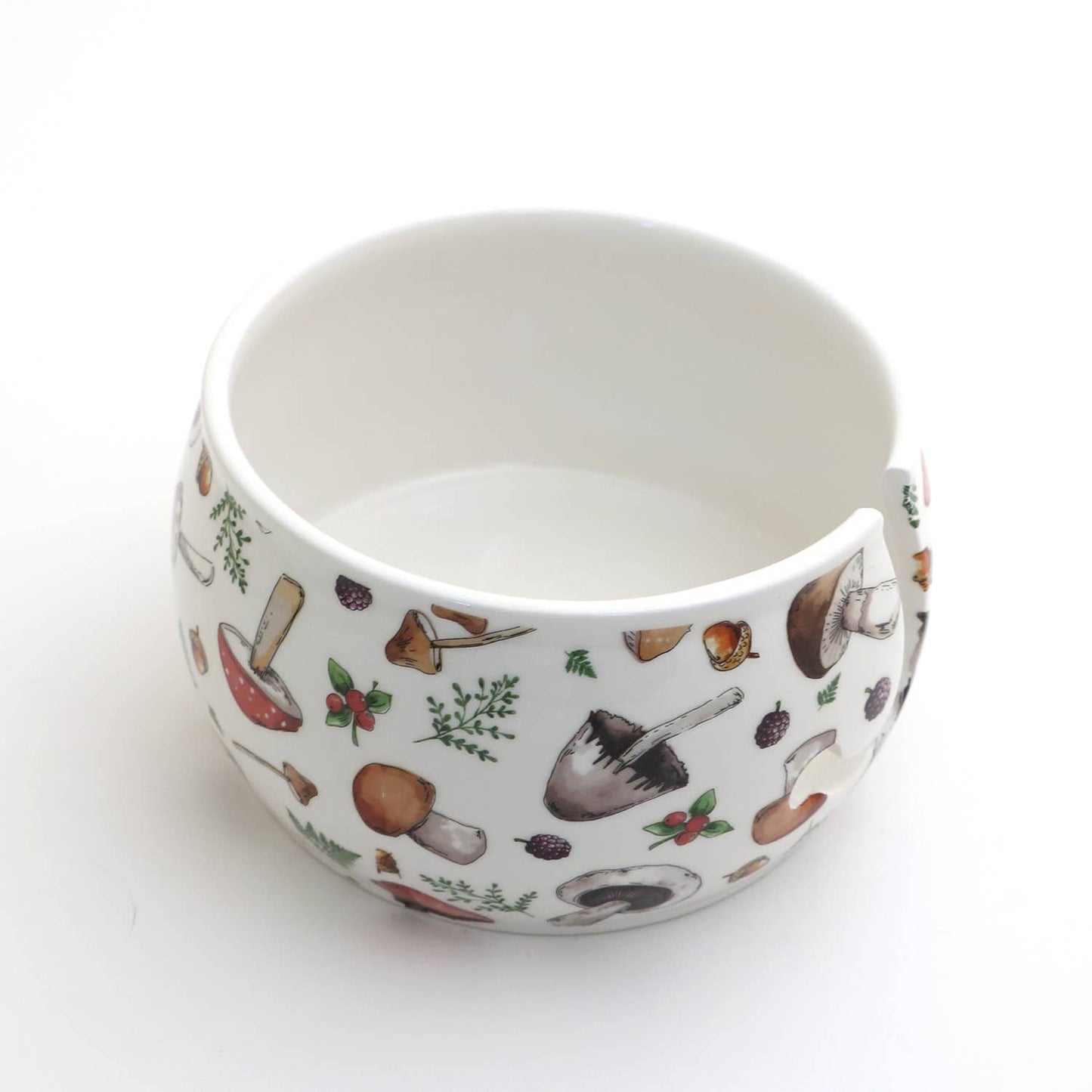 Ceramic Yarn Bowl, FULL WRAP Mushrooms crochet or knitting