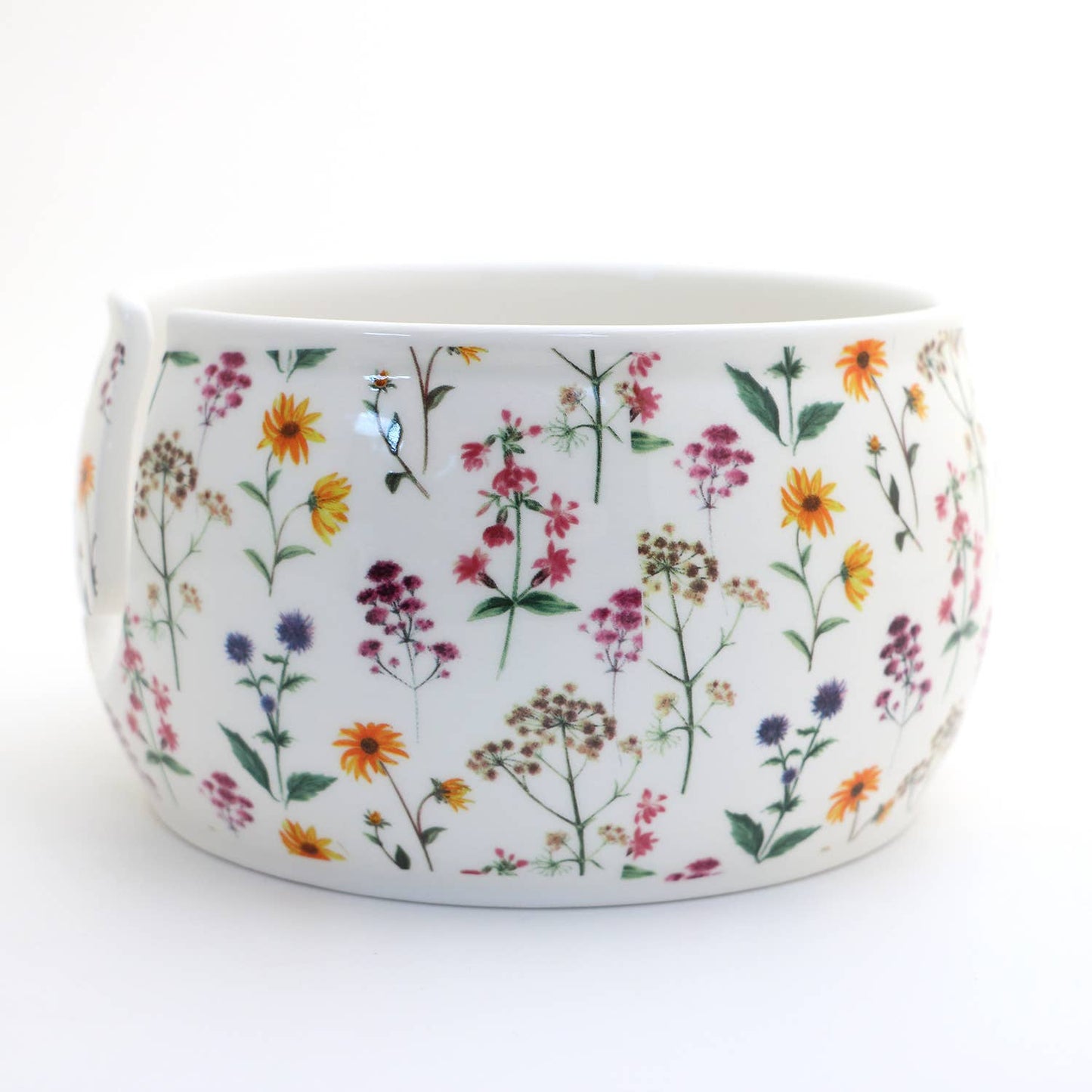 Ceramic Yarn Bowl, FULL WRAP Wildflowers, crochet or knit