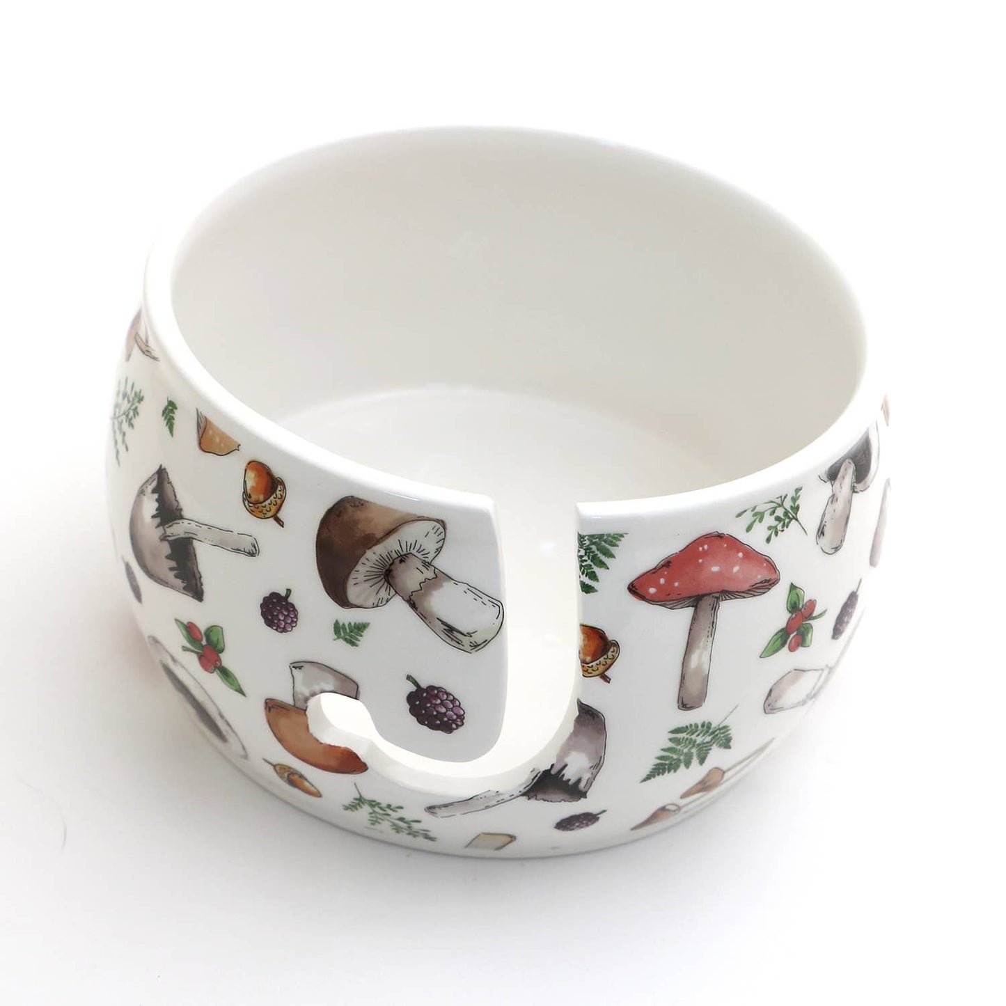 Ceramic Yarn Bowl, FULL WRAP Mushrooms crochet or knitting