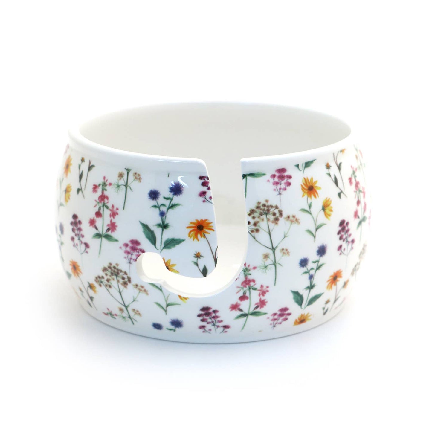Ceramic Yarn Bowl, FULL WRAP Wildflowers, crochet or knit
