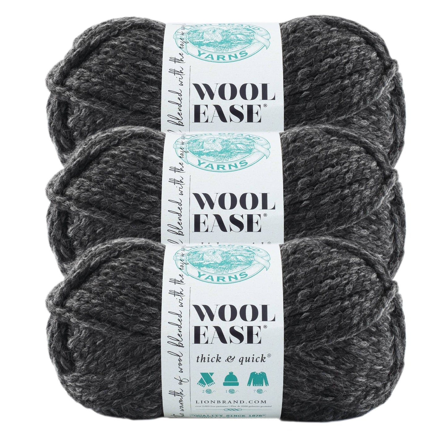 Lion Brand Yarn Wool-Ease Thick & Quick Charcoal 3 Pack