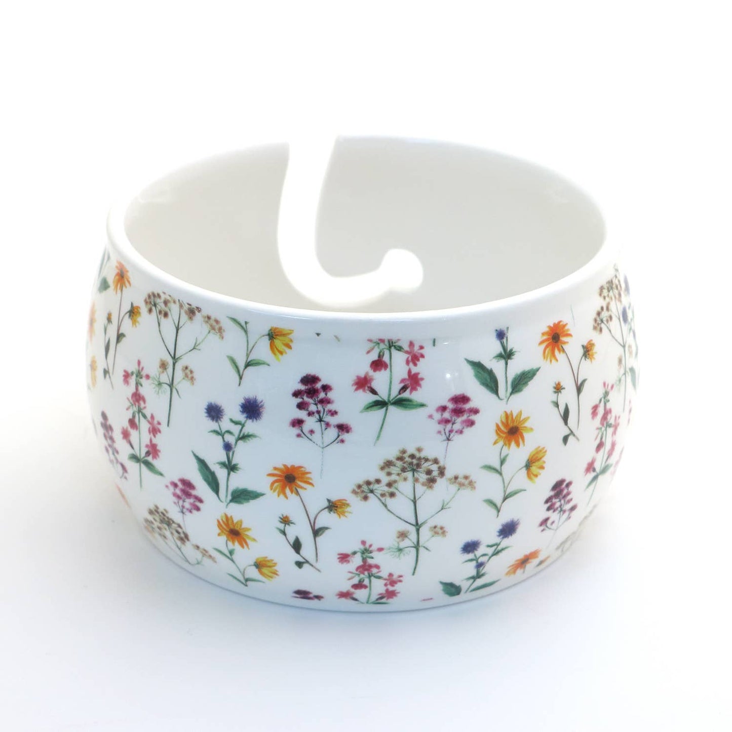 Ceramic Yarn Bowl, FULL WRAP Wildflowers, crochet or knit