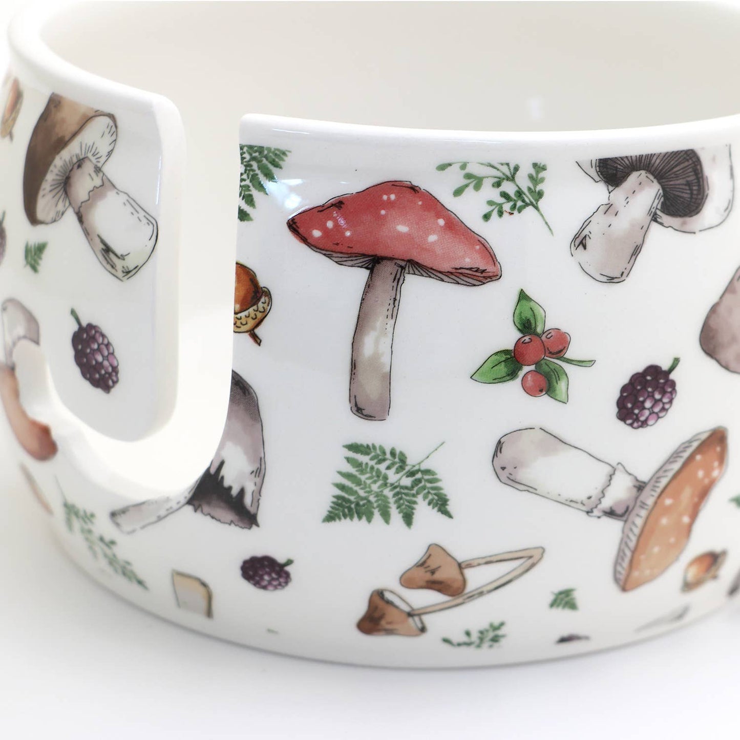 Ceramic Yarn Bowl, FULL WRAP Mushrooms crochet or knitting