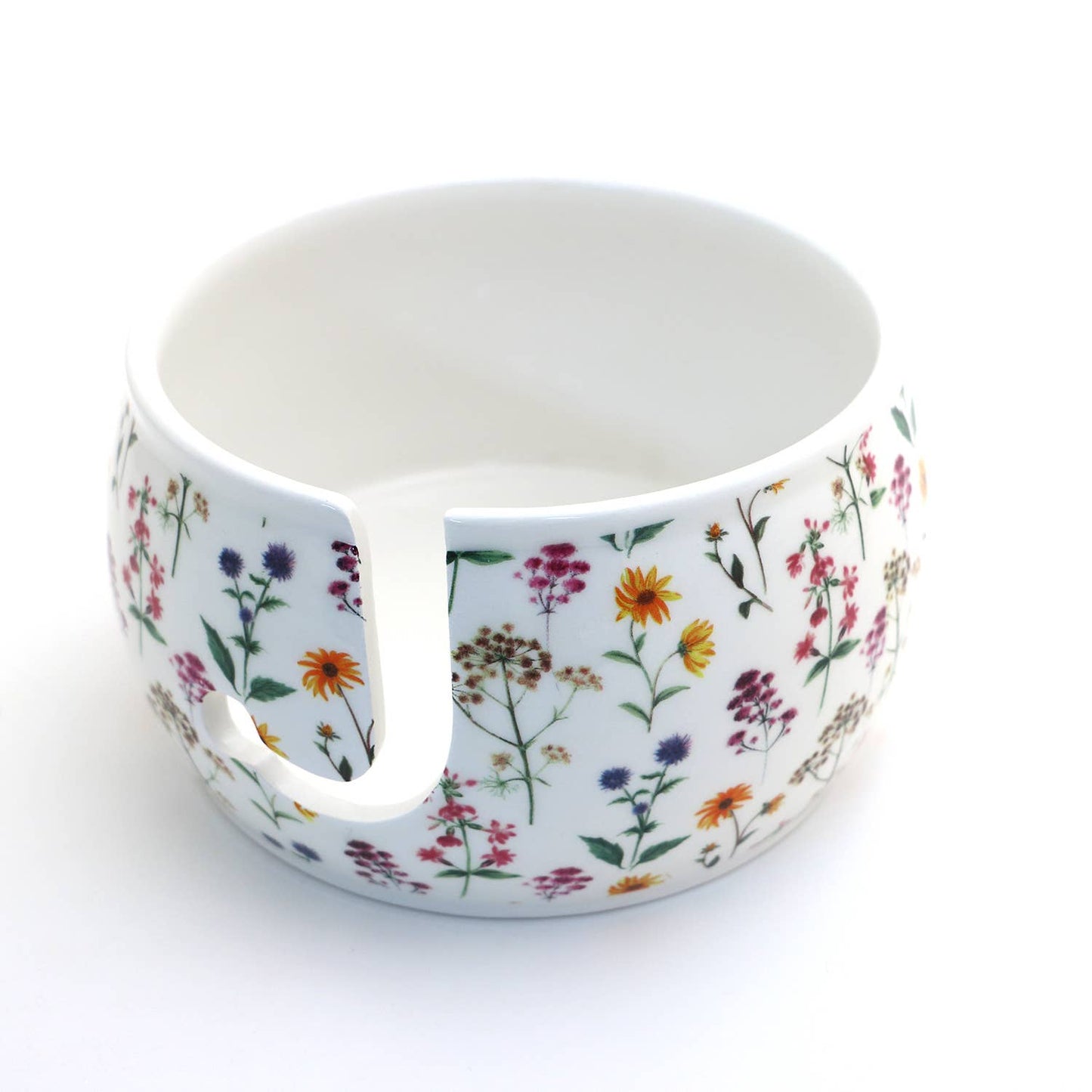 Ceramic Yarn Bowl, FULL WRAP Wildflowers, crochet or knit