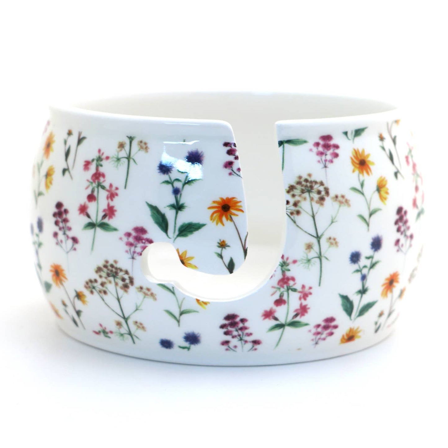 Ceramic Yarn Bowl, FULL WRAP Wildflowers, crochet or knit