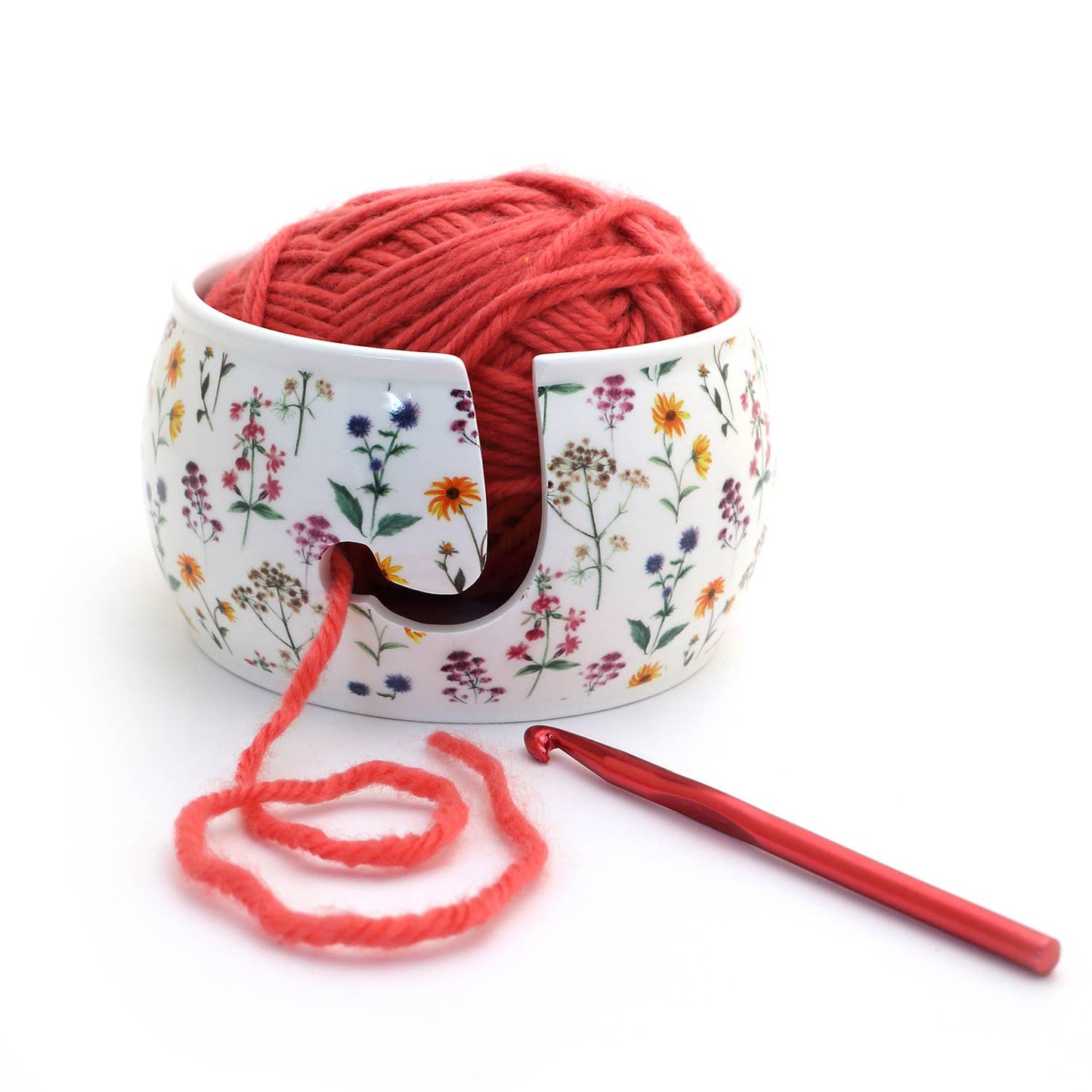 Ceramic Yarn Bowl, FULL WRAP Wildflowers, crochet or knit