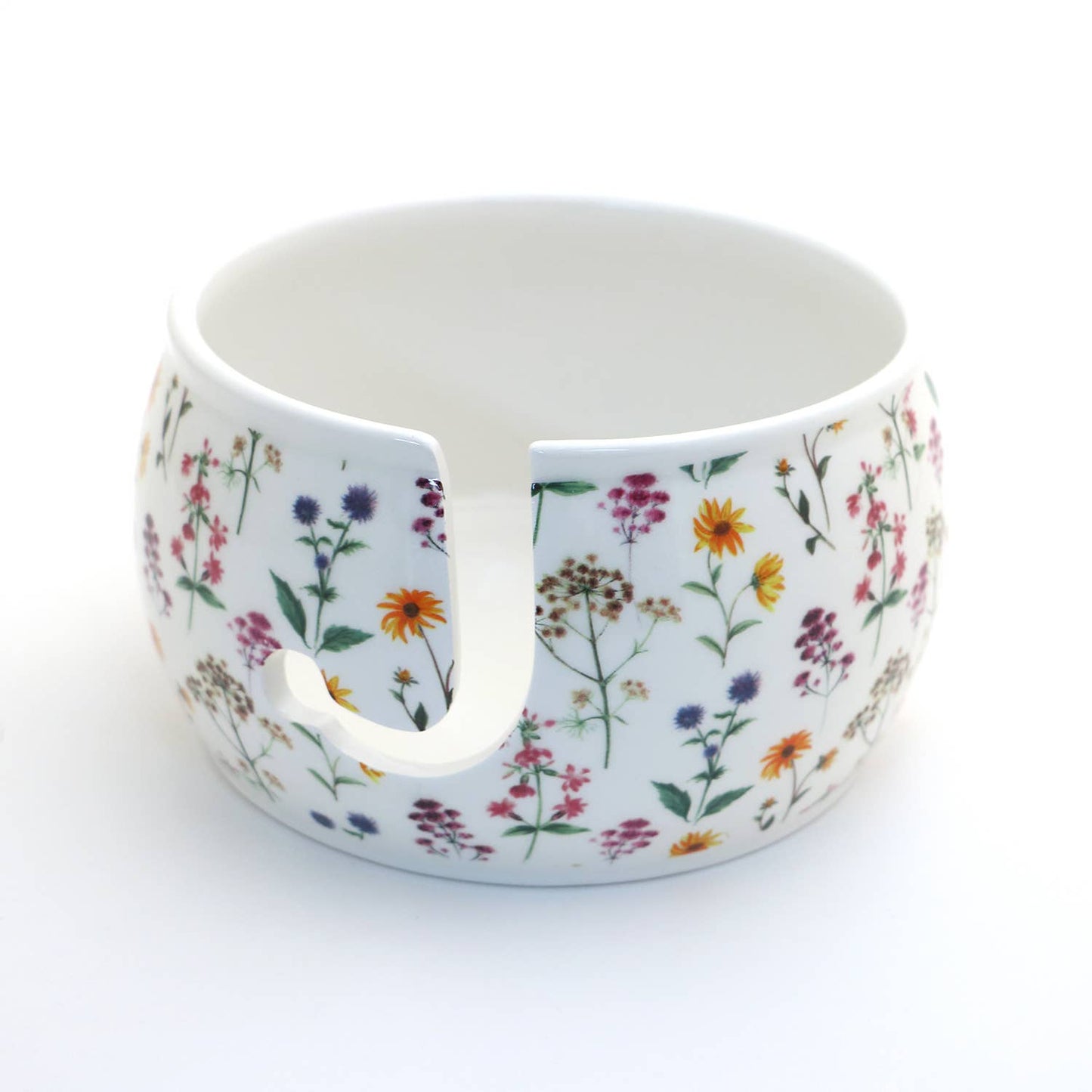 Ceramic Yarn Bowl, FULL WRAP Wildflowers, crochet or knit