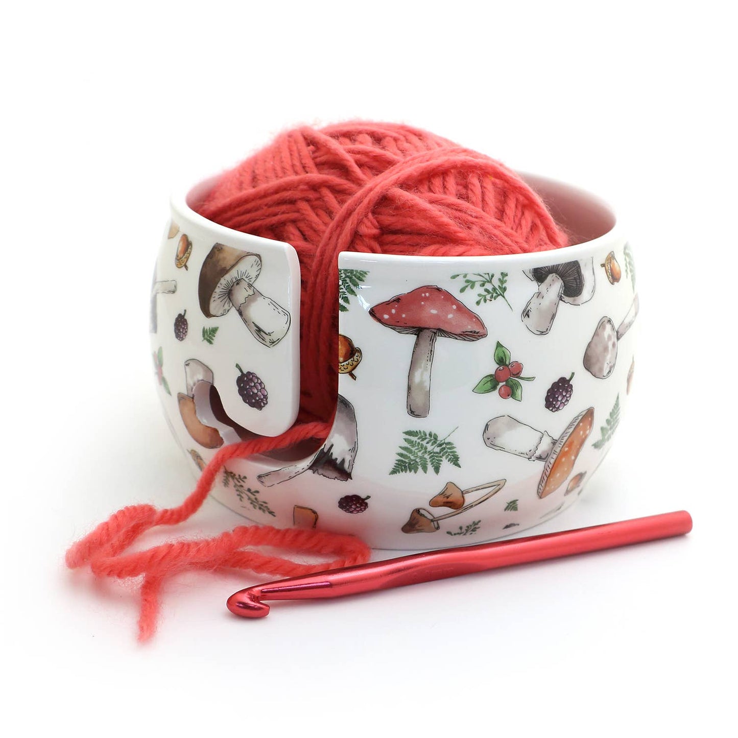 Ceramic Yarn Bowl, FULL WRAP Mushrooms crochet or knitting