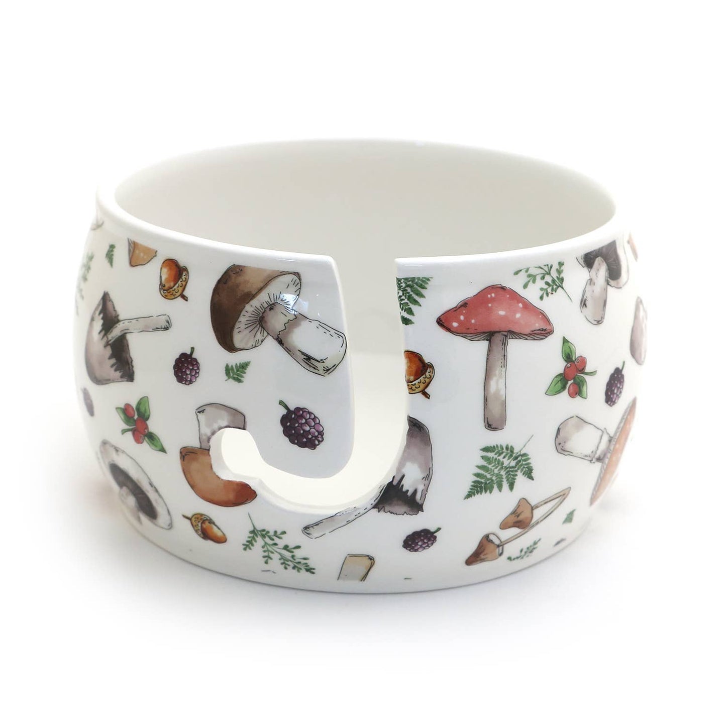 Ceramic Yarn Bowl, FULL WRAP Mushrooms crochet or knitting